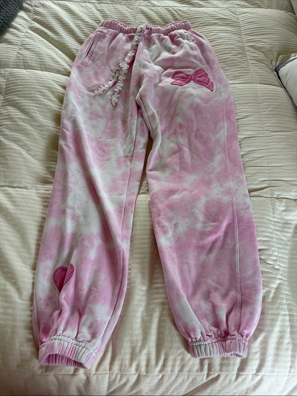 LoveShackFancy Pink Tie-Dye Fleece Joggers with Heart & Bow